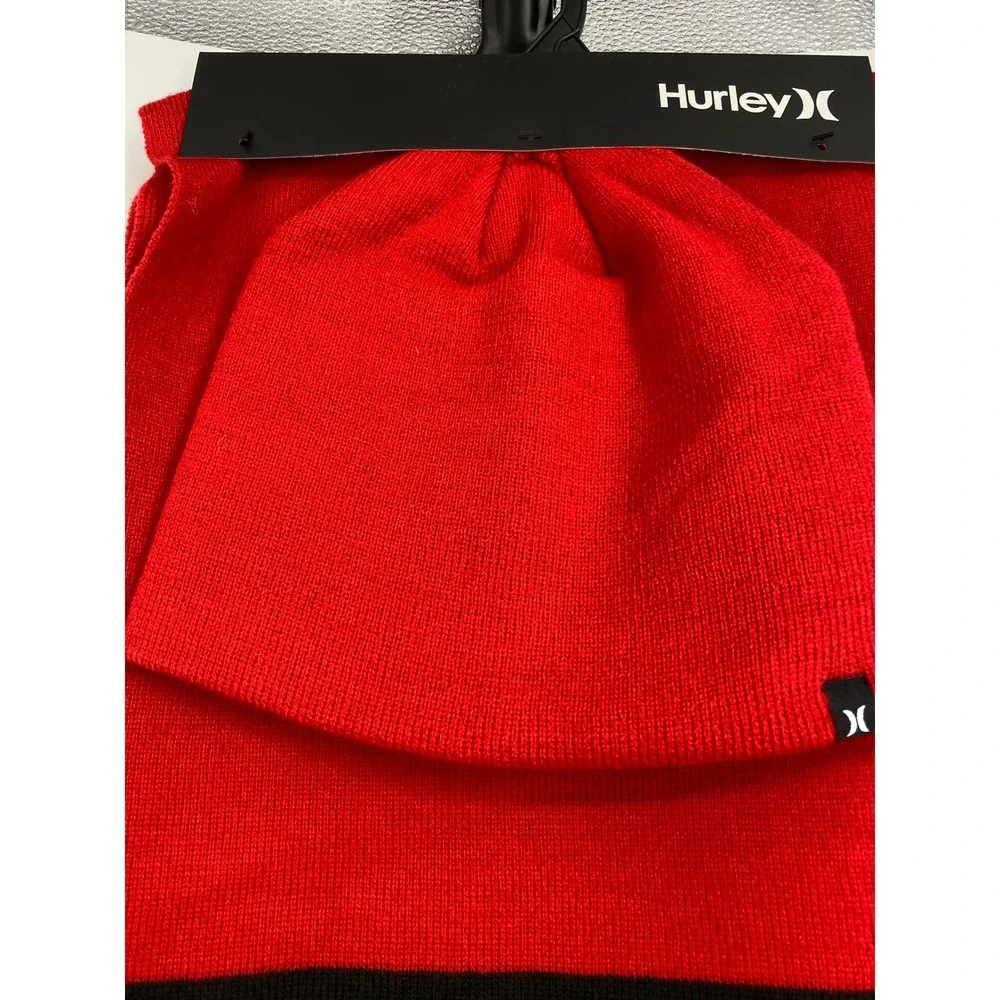 Hurley New‎ Yorker Beanie & Scarf Set Red Black Striped Knit Winter Hat